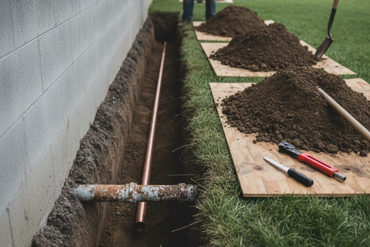 Excavated water line trench during Water Softener Installation in Minden City